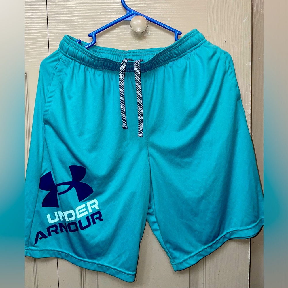 Youth XL Under Amour Teal Blue Shorts with Navy and Light Blue Logo.